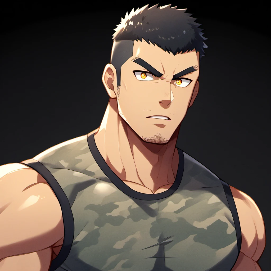 anime characters：Gyee, Fitness coach, 1 muscular tough guy, Manliness, male focus, Camouflage sleeveless T-shirt, Very tight, Slightly transparent, muscular male, muscular, only, Upper body, alone, Black short hair, Thick eyebrows, stubble, Yellow eyes, Black background, simple background, amazing quality, best aesthetics, Ridiculous, bright pupils, crew cut, parted lips, v-shaped eyebrows, jitome, drop shadow, best quality