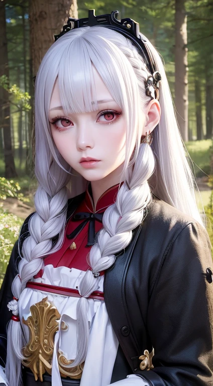 A Anime woman full tatto run on the forest, looks scared, character portrait, inspired by Mei Qing, trending on pixiv, shin hanga, vampires, necromancer, extremely realistic photo, long braided white hair, white ice pale skin, plastic doll, 8k render”, .ai, victorian steampunk black dress, super realistic photo, red blood eyes, photorealistic -20, red shirt, bjd