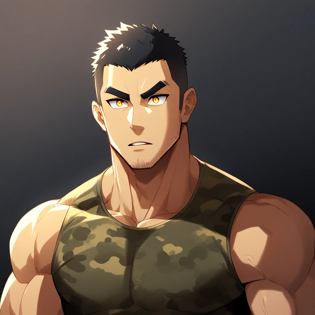 anime characters:Gyee, Fitness coach, 1 muscular tough guy, Manliness, male focus, Camouflage sleeveless T-shirt, Very tight, Slightly transparent, muscular male, muscular, only, Upper body, alone, Black short hair, Thick eyebrows, stubble, Yellow eyes, Black background, simple background, amazing quality, best aesthetics, Ridiculous, bright pupils, crew cut, parted lips, v-shaped eyebrows, jitome, drop shadow, best quality