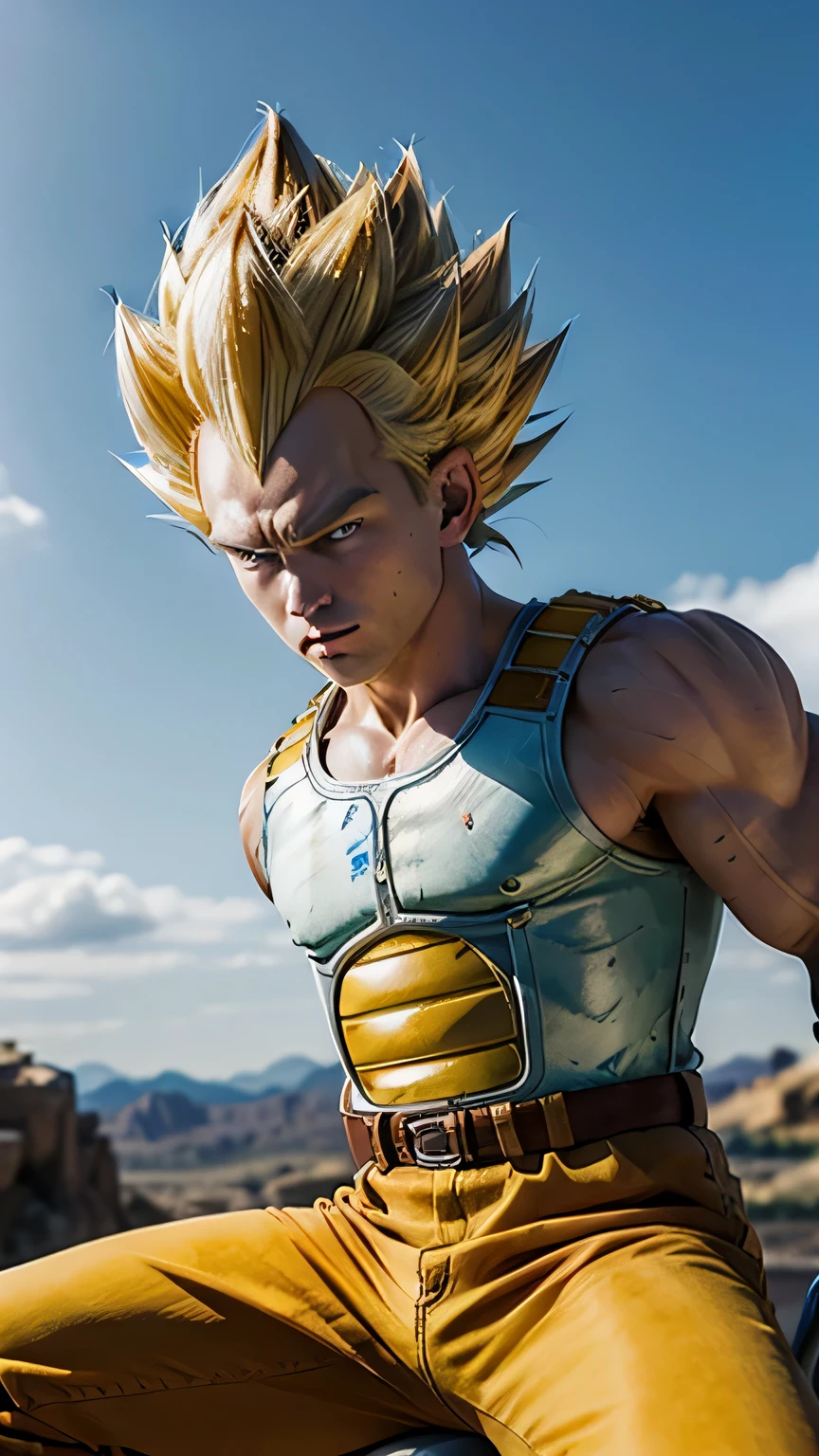 (masterpiece, best quality: 1.2), cowboy shot, solo, male focus, 1boy, vegeta, serious, looking at the viewer, spiked blonde hair, green eyes, armor, white gloves