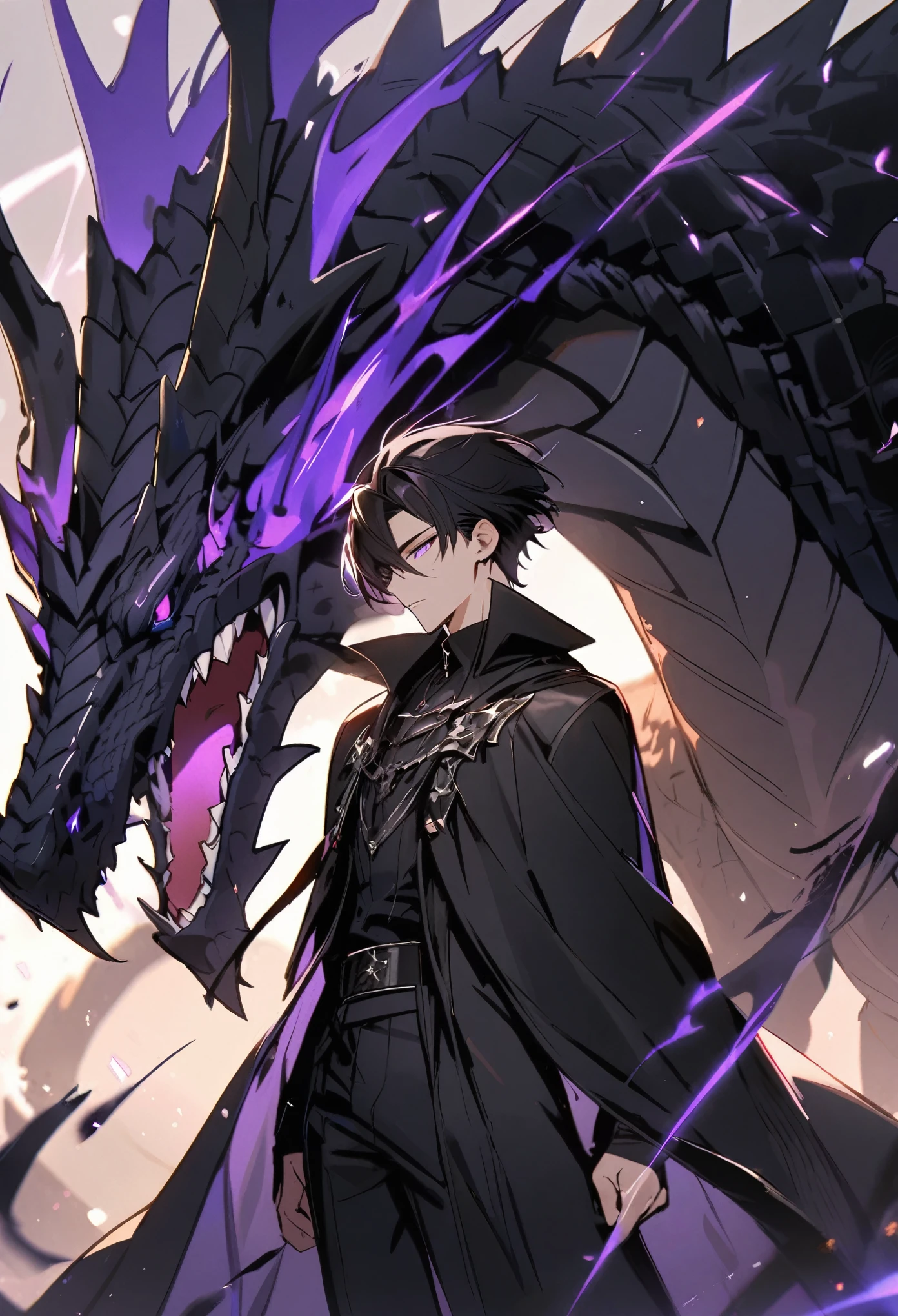 Handsome, solo, 1 male, short hair, black hair, purple eyes, black shirt, black cloak, black dragon