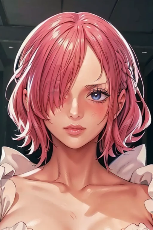 (((masterpiece))), (((best quality))), ((ultra-detailed)), (highly detailed CG illustration), vinsmoke reiju, (nsfw:1.4), (masterpiece:1.5), Detailed Photo, Sexy, (Best Quality: 1.4), (1girl), Beautiful Face, (Pink Hair, short Hair: 1.3), Beautiful Hairstyle, beautiful detail eyes, (realistic skin), beautiful skin, absurd, attractive, ultra high resolution, high definition, (sexually aroused:1.5), Pinkish white skin, cool white light, sexy pose, Beautiful , white background, pink soft white light, Wear a white dress, (Hair covering right eye: 1.5), wife, incoming face, kissing camera