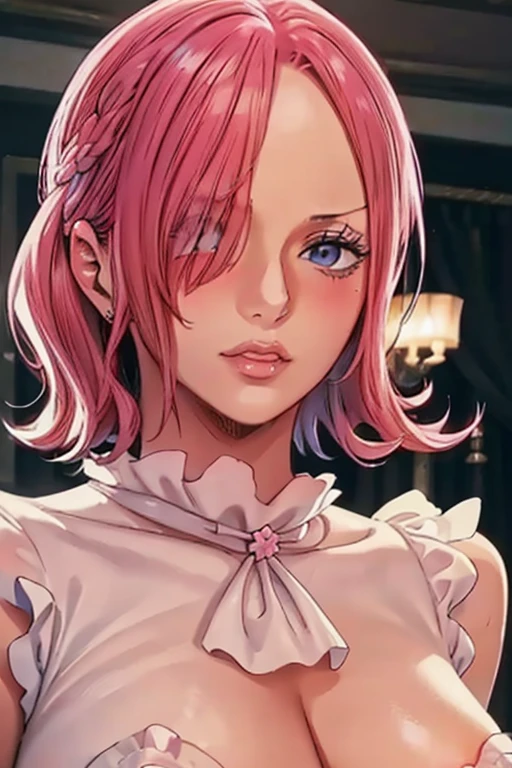 (((masterpiece))), (((best quality))), ((ultra-detailed)), (highly detailed CG illustration), vinsmoke reiju, (nsfw:1.4), (masterpiece:1.5), Detailed Photo, Sexy, (Best Quality: 1.4), (1girl), Beautiful Face, (Pink Hair, short Hair: 1.3), Beautiful Hairstyle, beautiful detail eyes, (realistic skin), beautiful skin, absurd, attractive, ultra high resolution, high definition, (sexually aroused:1.5), Pinkish white skin, cool white light, sexy pose, Beautiful , white background, pink soft white light, Wear a white dress, (Hair covering right eye: 1.5), wife, incoming face, kissing camera