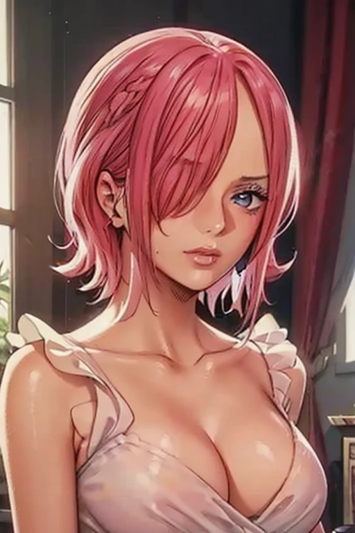 (((masterpiece))), (((best quality))), ((ultra-detailed)), (highly detailed CG illustration), vinsmoke reiju, (nsfw:1.4), (masterpiece:1.5), Detailed Photo, Sexy, (Best Quality: 1.4), (1girl), Beautiful Face, (Pink Hair, short Hair: 1.3), Beautiful Hairstyle, beautiful detail eyes, (realistic skin), beautiful skin, absurd, attractive, ultra high resolution, high definition, (sexually aroused:1.5), Pinkish white skin, cool white light, sexy pose, Beautiful , white background, pink soft white light, Wear a white dress, (Hair covering right eye: 1.5), wife, incoming face, kissing camera
