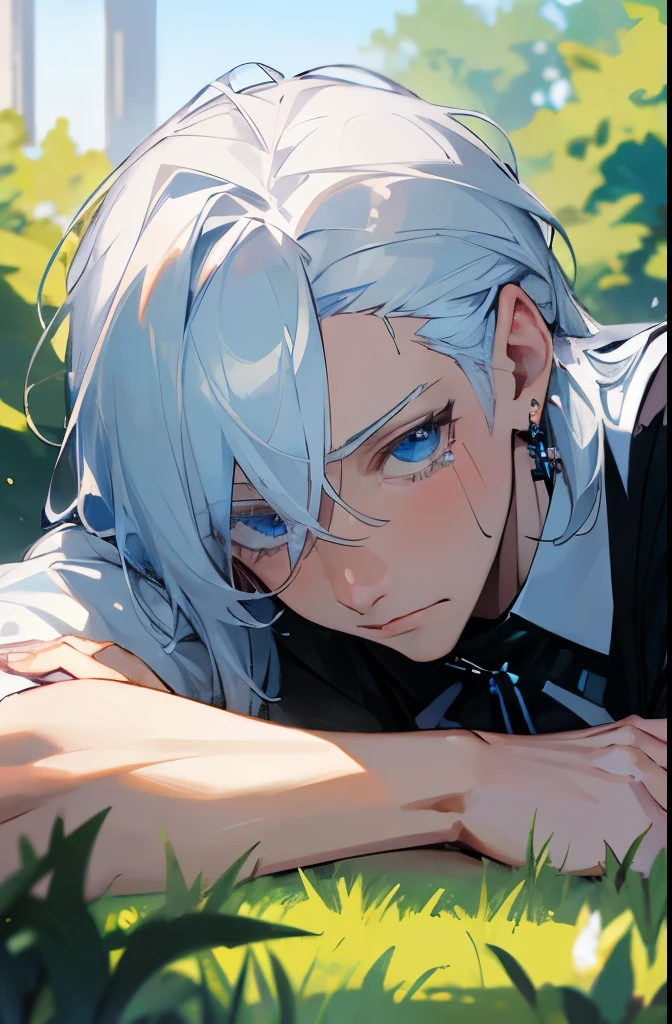 Excellent, masterpiece, white hair, blue eyes, hair, fair skin, man face with sharp angles in the garden park male bust shot lying on his side on the park grass with tears on his face a blue butterfly on his nose, clear despair in his eyes, white shirt, he is leaning onto his arm, he has a black cross ear ring on his left ear