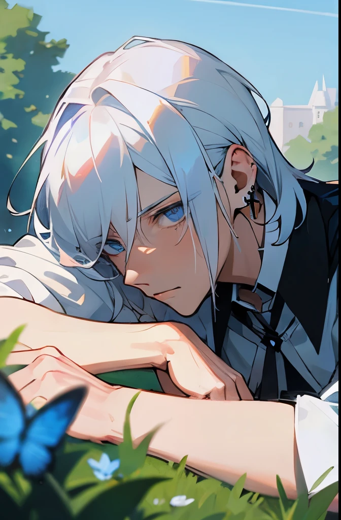 Excellent, masterpiece, white hair, blue eyes, hair, fair skin, man face with sharp angles in the garden park male bust shot lying on his side on the park grass with tears on his face a blue butterfly on his nose, clear despair in his eyes, white shirt, he is leaning onto his arm, he has a black cross ear ring on his left ear