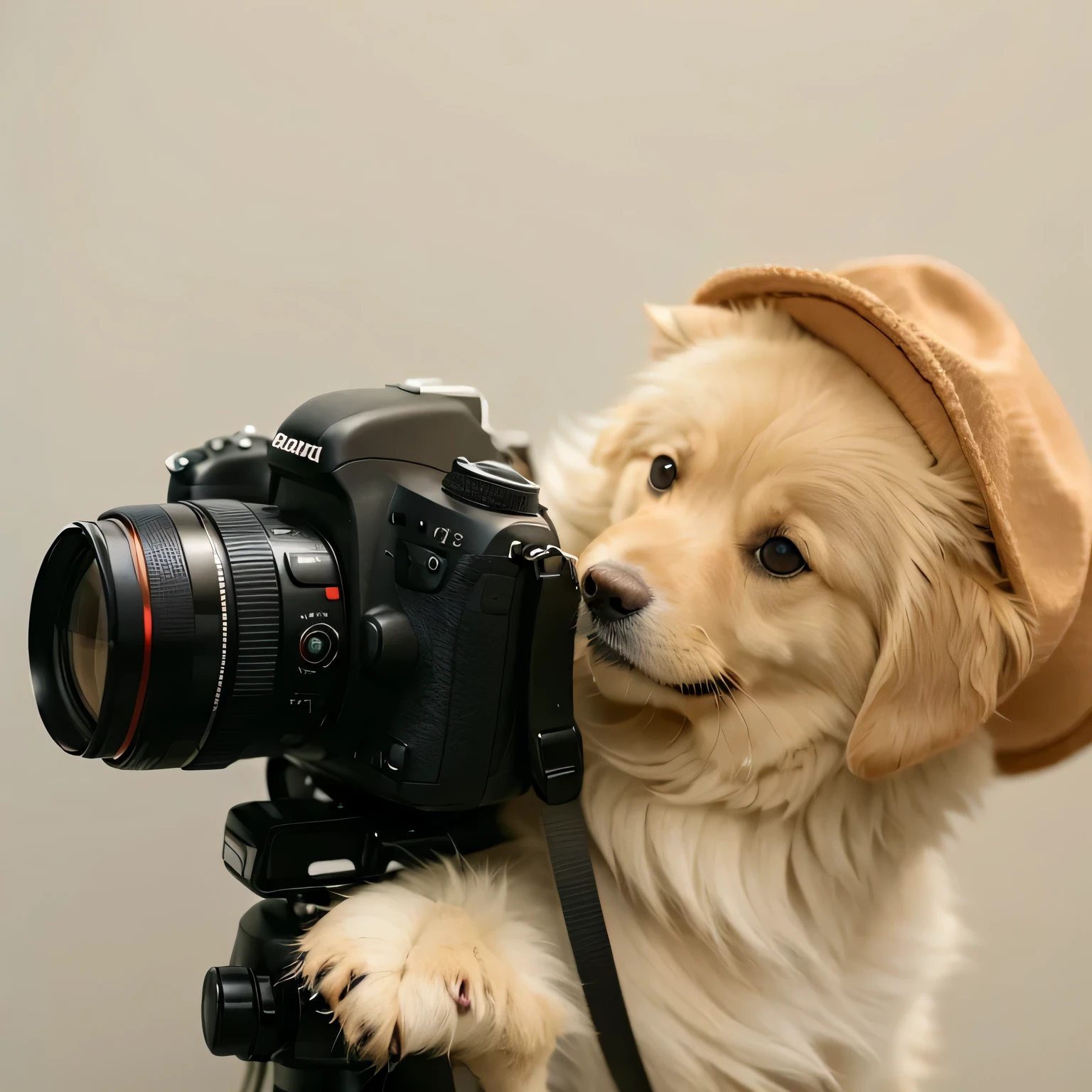 Little golden retriever dog with painter hat on head is taking photo, looking at camera, Posing for photos, filmed on a professional camera, looking into camera, It wears a hat, close to camera, Smiling while taking photos, golden retriever，dog，puppy，furry artist, looking at camera, is looking at camera, It wears a cute little hat