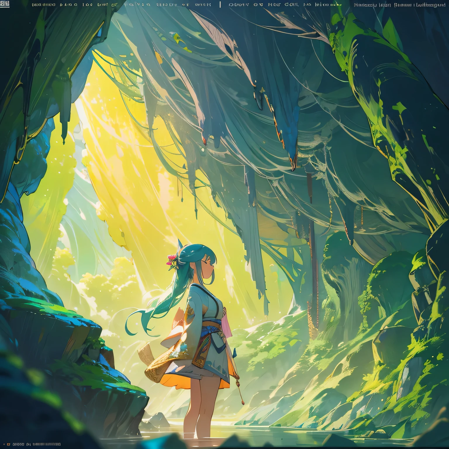 Japanese animation, , Incredibly hyper-detailed and intricately realistic, perfect, cover art, zoom out, Super detailed, Luminism, with complex, 4k resolution concept art portrait, Very high level illustrations, 16K, Very high level illustrations, ridiculous resolution, Ridiculously detailed, soft warm light, (((masterpiece))), best quality, Very detailed, Fantasy lights, Beautiful and detailed light, view, depth of field, part, blurred background, Bokeh, sharp focus, Depth and size, Fantasy scenes, Fantasy composition, Fantasy lights, Extremely beautiful and detailed caves, fair, Slime stuck to the cave ceiling, girl