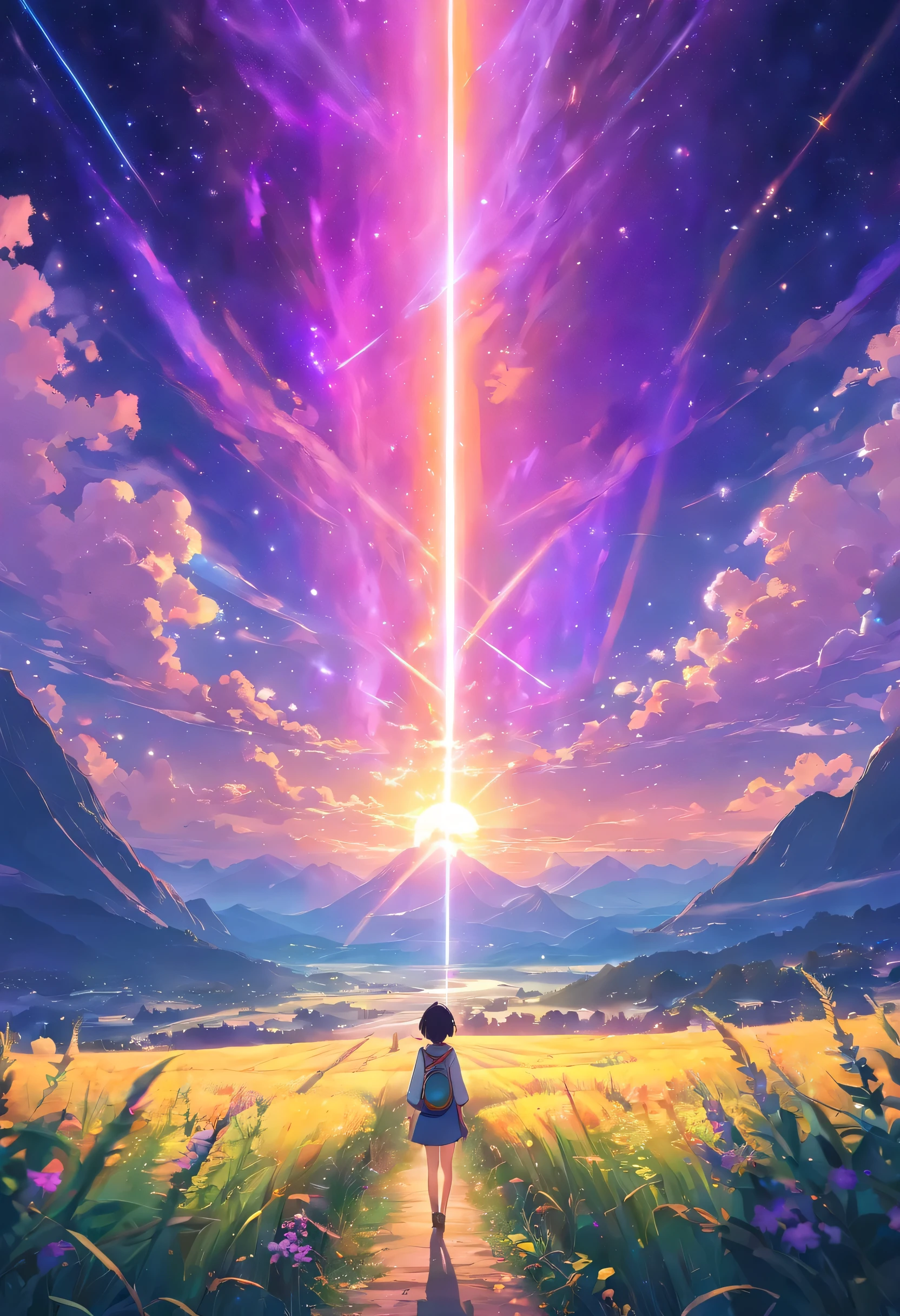 vast landscape photos,(looking from bottom to top,above is the sky,Below are the open fields),A stood on the flower field and looked up,(full moon:1.2),(meteor:0.9),(nebula:1.3),distant mountains, The art of tree folding,(Warm light source:1.2),(firefly:1.2),Deng Deng,lots of purple and orange,intricate details,Volumetric lightingBREAK(masterpiece:1.2),(best quality),4K,Super detailed,(dynamic combination:1.4),Rich in details,multiple colour,(rainbow colors:1.2),(Glowing light,mood lighting),dream magic,magic,(solo:1.