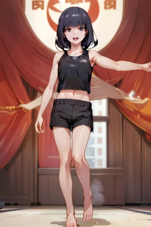 full body, 1girl, evil smile, open mouth, detailed face, black hair, gloss hair, black eyes, highres, Highly detailed facial and skin texture, Detailed eyes, shorts, barefoot, bare legs, bare arms, bare midriff, sports bra, lifted arms, highly detailed feet, 