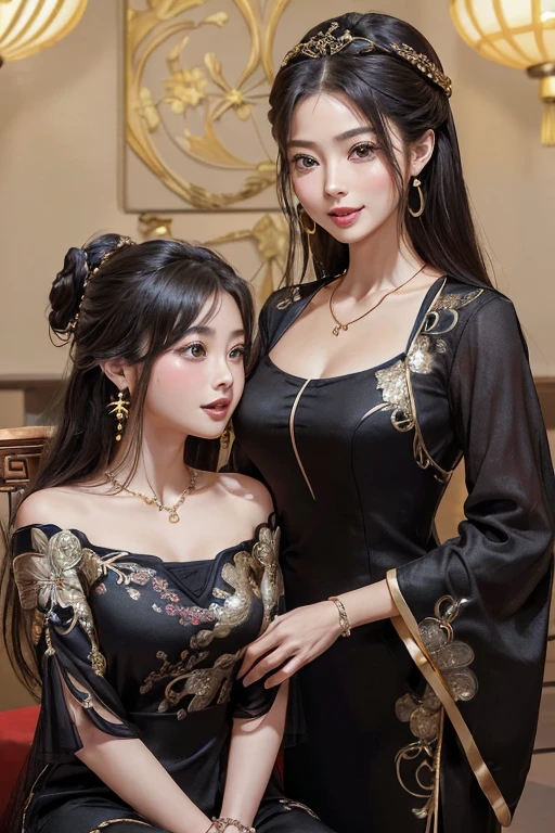 ((highest quality)), ((masterpiece)), (be familiar with), perfect face、Enchanted body

((Satomi Ishihara、best proportions、Satomi Ishihara、semi-long、China dress、hair ornaments、chinese hairstyle、earrings、Engagement Rings、necklace、bangle、黒China dress、luxury accessories、black China dress dress、vintage、gold embroidery、black clothes、Long slit、Satomi Ishihara)）２５With an old woman５old girl、Mother and daughter China、smile