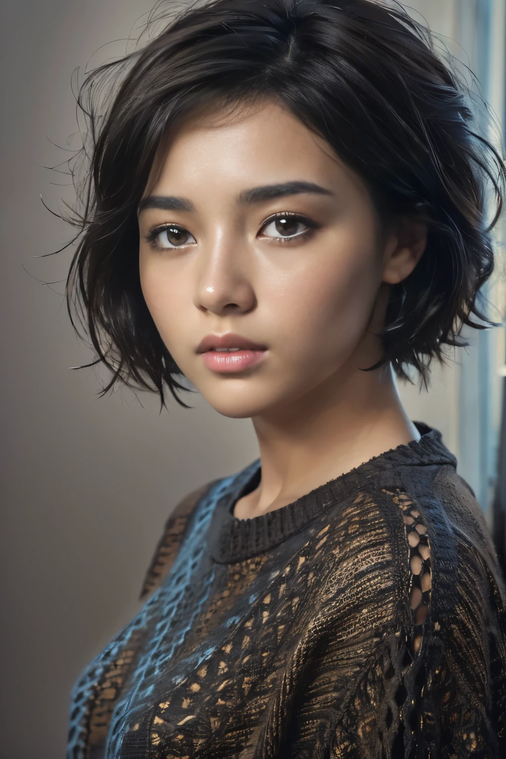 (masterpiece:1.3), (8k, photorealistic, RAW photo, best quality: 1.4), (1girl), beautiful face, (realistic face), (black hair, short hair:1.3), beautiful hairstyle, realistic eyes, beautiful detailed eyes, (realistic skin), beautiful skin, (sweater), absurdres, attractive, ultra high res, ultra realistic, highly detailed, golden ratio