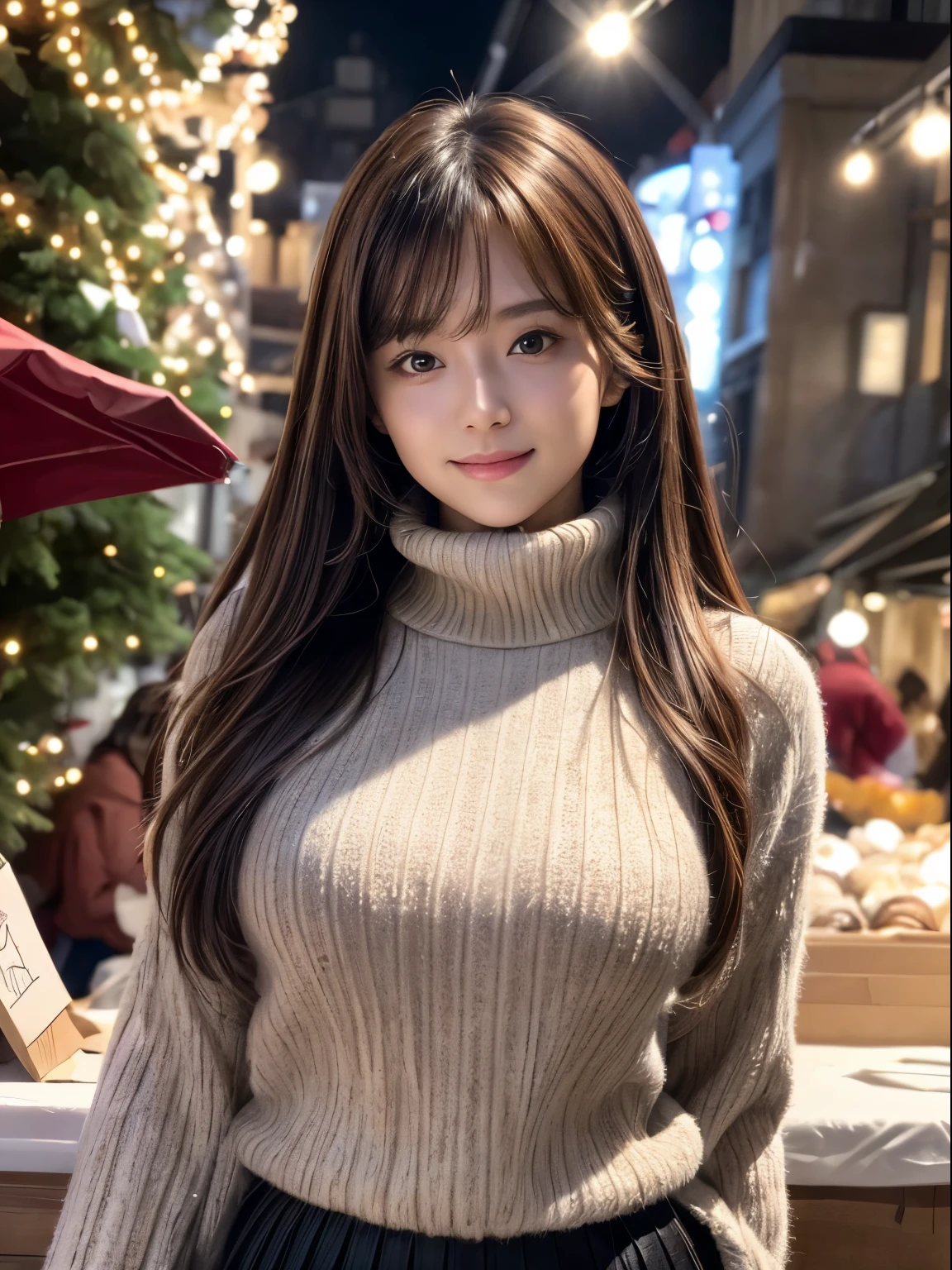 (8K,masterpiece, Raw photo,highest quality:1.4),(photo-realistic:1.2),(extremely detailed face),(shiny skin),(fine skin),(detailed face),(very beautiful face),1 girl,looking at the viewer,japanese idol(actress), brown hair,medium hair,straight hair,asymmetrical bangs,smile,Glamour,big breasts, (fleece jacket, turtleneck sweater, pleated skirt:1.2), christmas market,high position,professional lighting