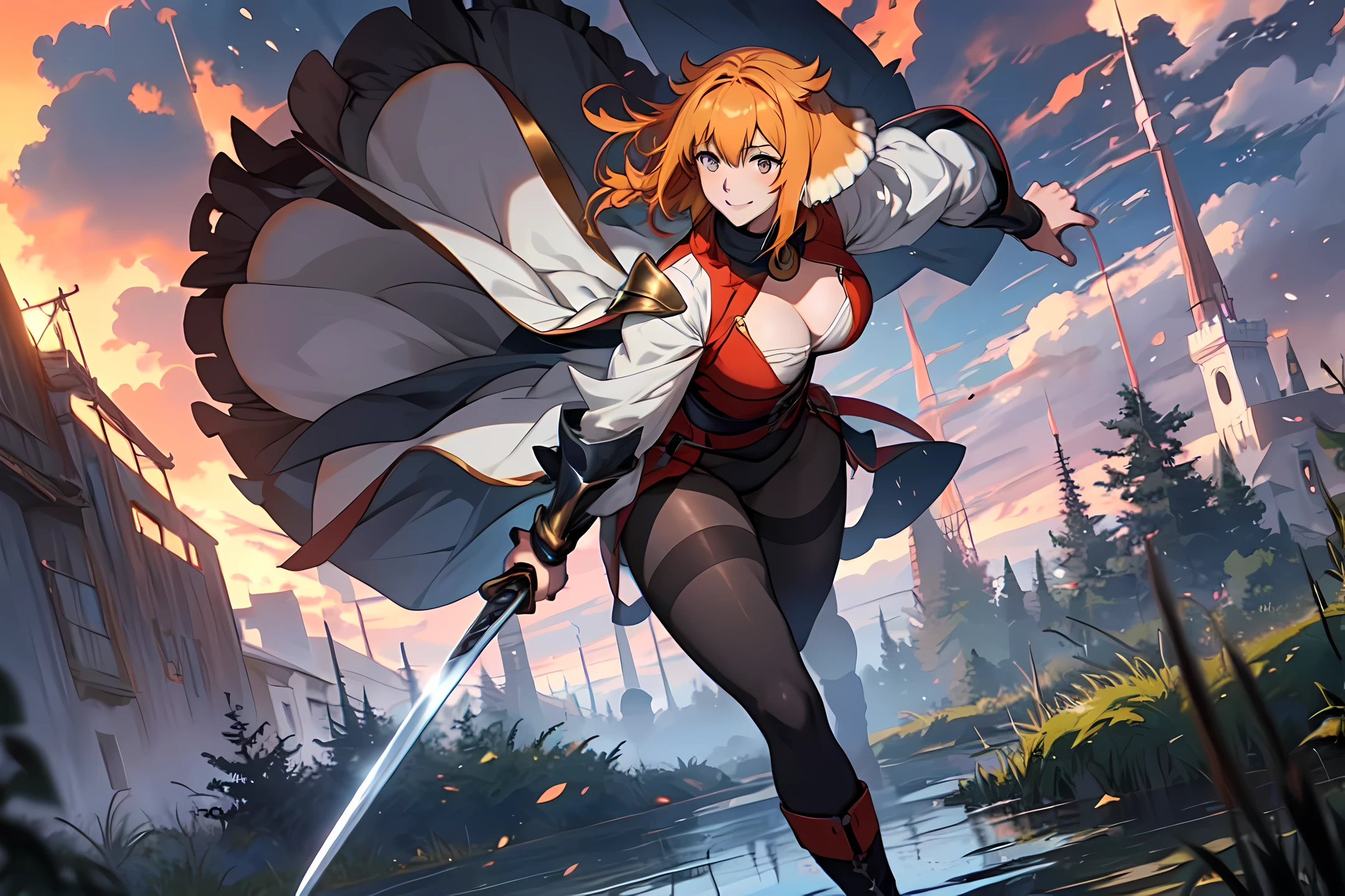 Anime, roxanne, dog ears, (dog tail), flying through the sky, golden leotard armor, In Battle, Chaos, holding sword in hand, masterpiece ,pantyhose, boots,magicalgirl body suit, large skirt, smile, long skirt,standing, forest, gold eyes