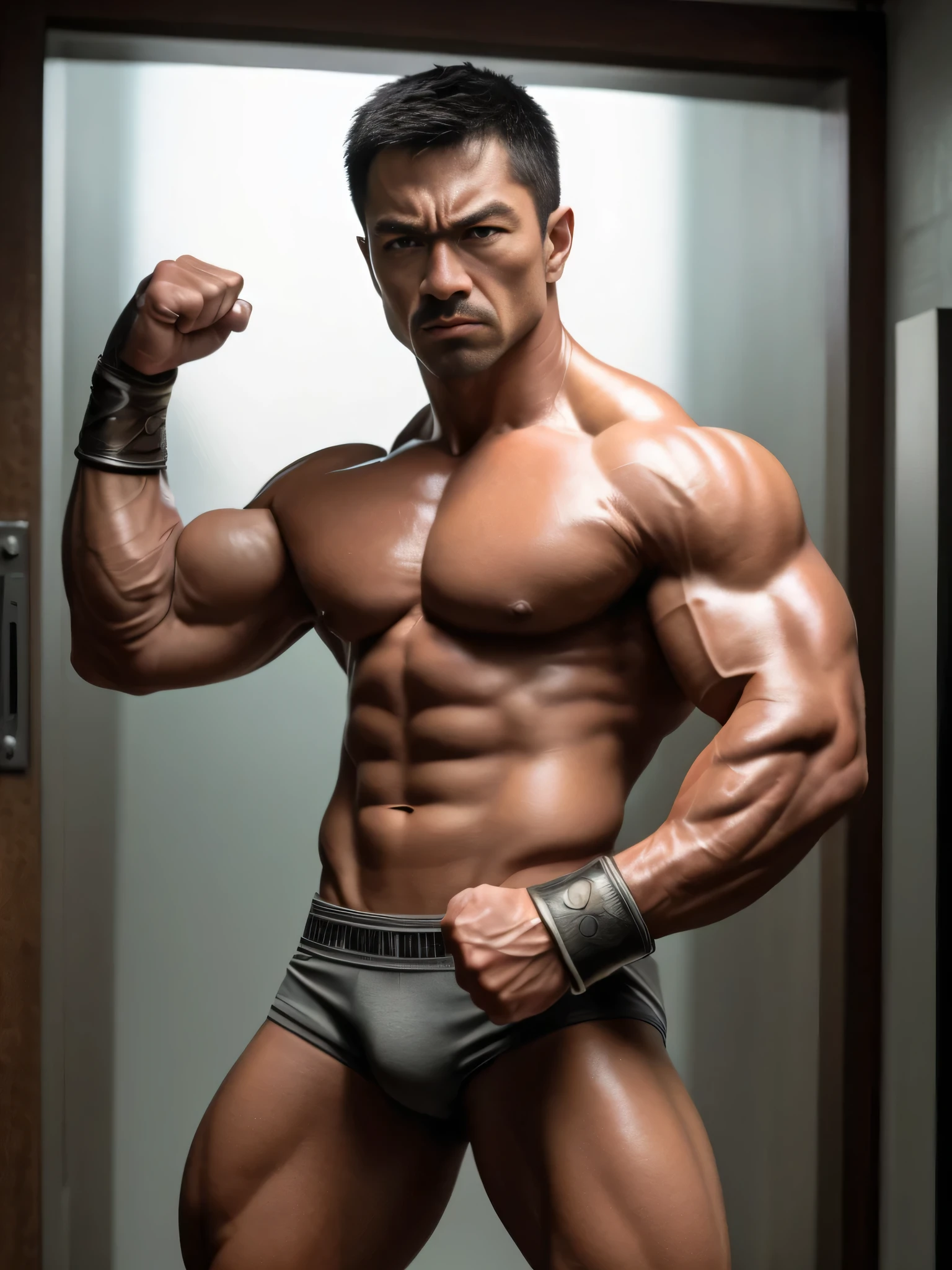 (surreal, high resolution ,best quality, masterpiece:1.2), Portrait legs upward view, Chinese man surrounded by blue mist,Asian male celebrity,Gao Yixiang, detailed facial features, delicate eyes, long eyelashes, thin lips, nape, muscular physique, broad shoulders, Hairy chest, strong and manly, Tough guy, stylish hair, simple background, photo studio, dramatic lighting