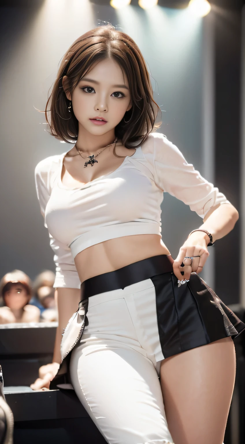 1 female、(super beautiful)、(beautiful face:1.5)、(play the drums:1.3)、(black mini skirt:1.5)、with legs spread、(Please show me your white pants:1.5)、compensate、light brown hair、necklace、on the concert stage、(At SFW:1.3)