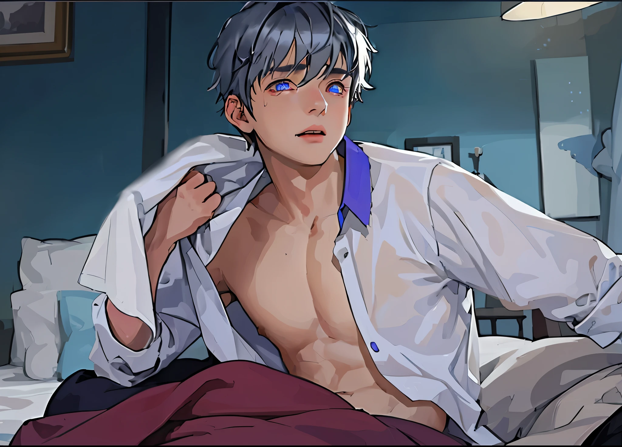 cute boy dressing gray hair blue eyes