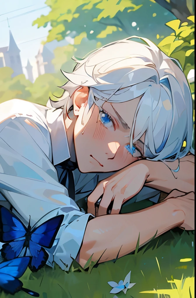 Excellent, masterpiece, white hair, blue eyes, hair, fair skin, man face with sharp angles in the garden park male bust shot lying on his side on the park grass with tears on his face a blue butterfly on his nose, clear despair in his eyes, white shirt, he is leaning onto his arm, he has black cross earrings