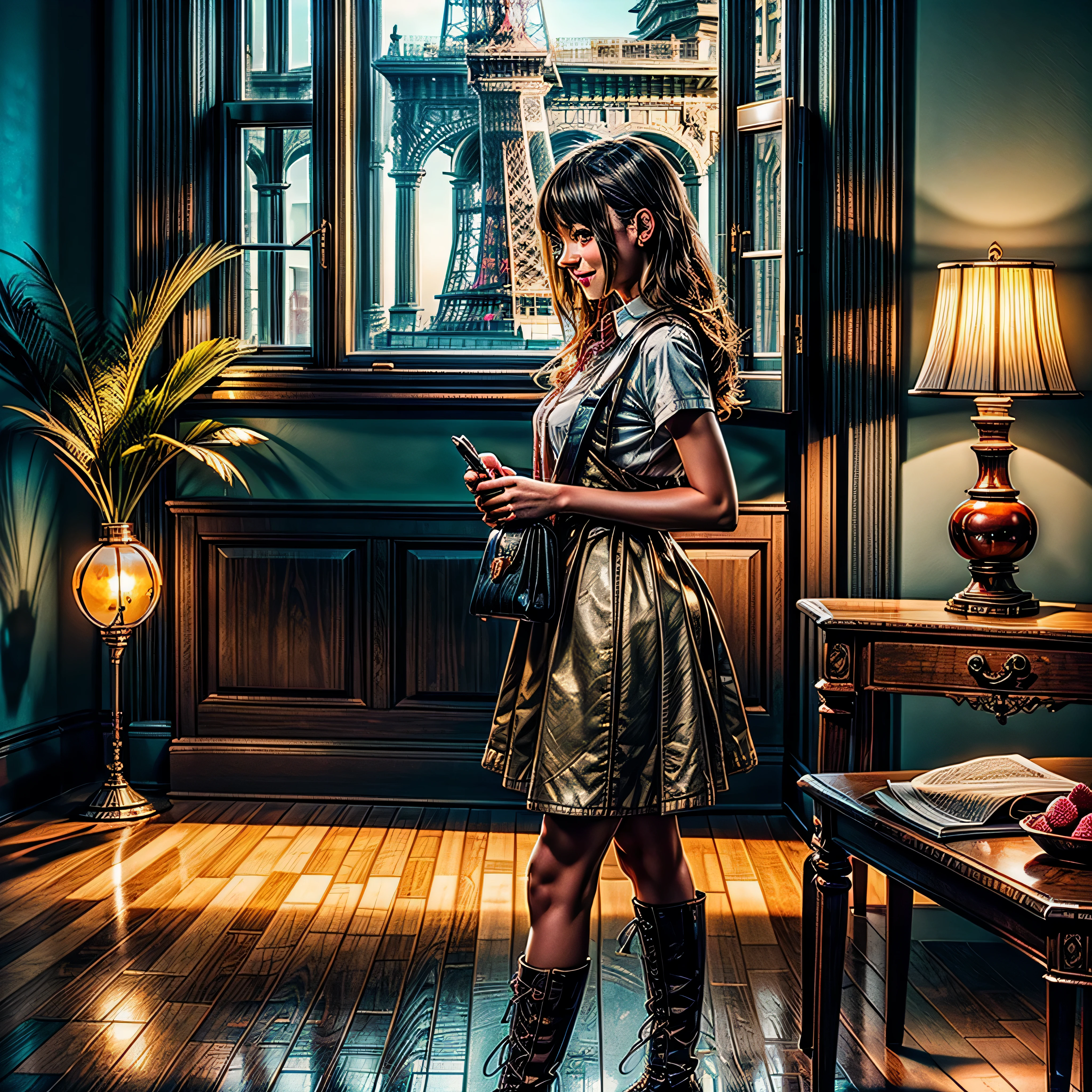 A fine girl, with black hair, she is wearing short shorts and a shirt, she's 18, her eyes are dark brown, coffee, she loves coffee, she is holding a cup of coffee, she is black, has dark skin, Globe World Earth (epic tMasterpiece, ultra highest quality, ultra highest resolution, ultra high-definition, distinct_image, very elaborate CG cinematic_lighting ray_tracing drop_shadows (photorealistic: 1.4), ultra high-quality textures fine-grained realistic face expression): (Epic gorgeous girl brown short hair bulb frange big sparkling eyes, Eye level shot, happy smile, beauty, slim body small size breasts, holiday, own room, console disco, computer, display, keyboard, mouse, long leather skirt, collared shirt, leather vest, handgun holder, carrying leather bag on your back, long boots, antique radio, coffee, model train, bookshelf, spacious yellowchair, Pots, fans, paintings, stuffed animals, ties, notebooks, stationery, vases, photo frames, letters, fountain pens, calendars, lamps, cushions, baskets, mirrors reflecting in profile, candles, telephone, fruit, newspapers, sweets, city Eiffel view outside the window), Pendulum clock frog, varied multi etc. --v6 --s1000 --c20 --q5 --chaos100