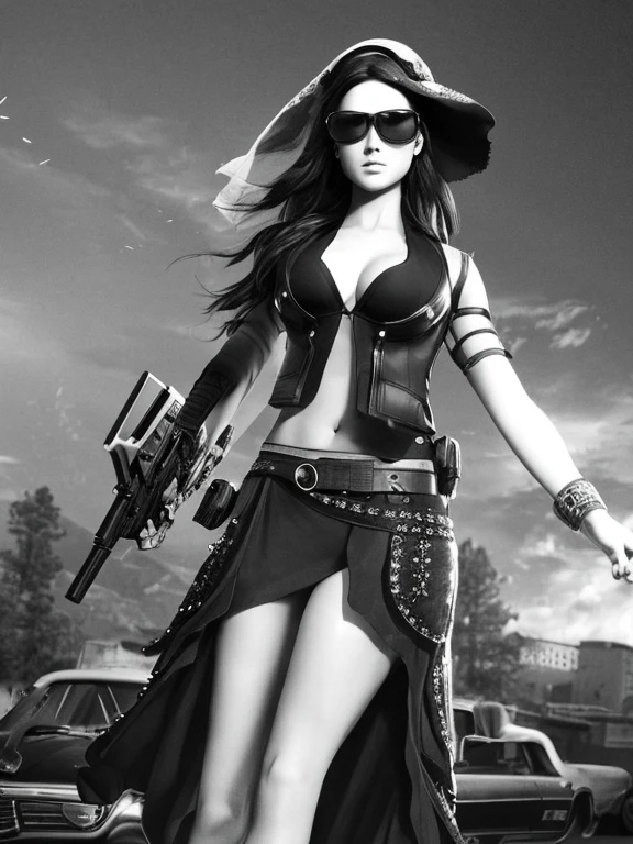 Charcoal pencil drawing, realistic drawing, black and white drawing, 4K, Best quality, sunglasses, rivets, a girl, explosions, gun in hand, cars, Airplanes, high quality:1.1, HD image:1.2, I didn't write, cowboy photo of a beautiful lady, veil skirt: 1.2, clothes made from veil: 1.2, sexy pose, heroic pose: 1.1, strong arms: 1.1, strong legs: 1.1, big ass: 1.1, very big breasts: 1.1, full lips: 1.1, sensual face: 1.1, athletic woman.