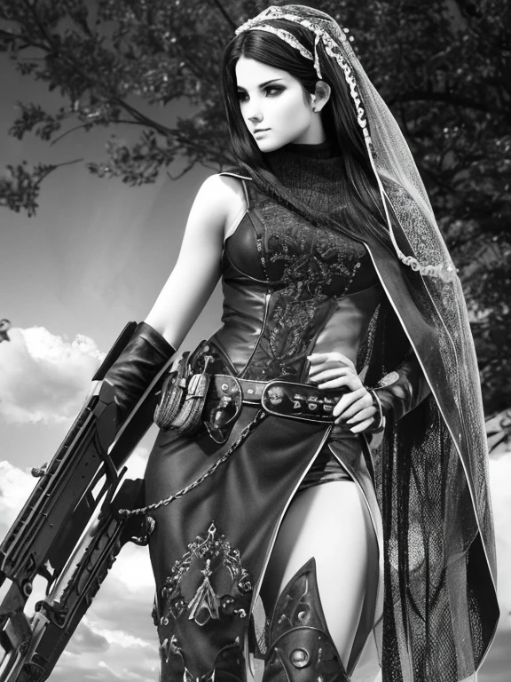 Charcoal pencil drawing, realistic drawing, black and white drawing, 4K, Best quality, sunglasses, rivets, a girl, explosions, gun in hand, cars, Airplanes, high quality:1.1, HD image:1.2, I didn't write, cowboy photo of a beautiful lady, veil skirt: 1.2, clothes made from veil: 1.2, sexy pose, heroic pose: 1.1, strong arms: 1.1, strong legs: 1.1, big ass: 1.1, very big breasts: 1.1, full lips: 1.1, sensual face: 1.1, athletic woman.