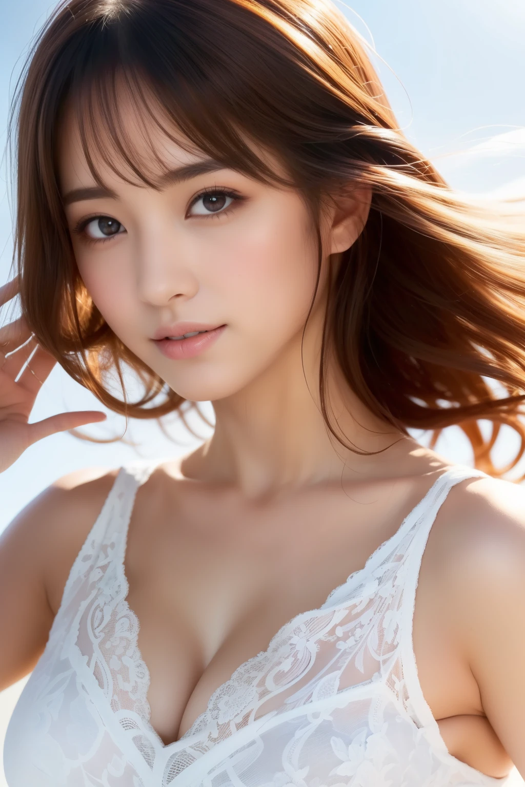 （1girll:1.2），(8K, Best quality, tmasterpiece), (Realistic, photo-realistic:1.37), ultra - detailed, adolable, solo, cute Japan woman,brown  hair,By bangs, curlies, hair over shoulders, Beautiful and delicate eyes,Eyes speak，long eyelasher, ssmile，Moisturizes skin,V-neck white lace dresagnificent view，Titillating，Very sexy，and the sun was shining brightly,Beautiful detailed sky