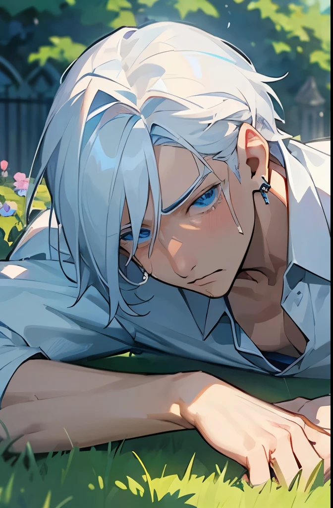 Excellent, masterpiece, white hair, blue eyes, hair, fair skin, man face with sharp angles in the garden park male bust shot lying on his side on the park grass with tears on his face a blue butterfly on his nose, clear despair in his eyes, white shirt, he is leaning onto his arm, he has black cross earrings
