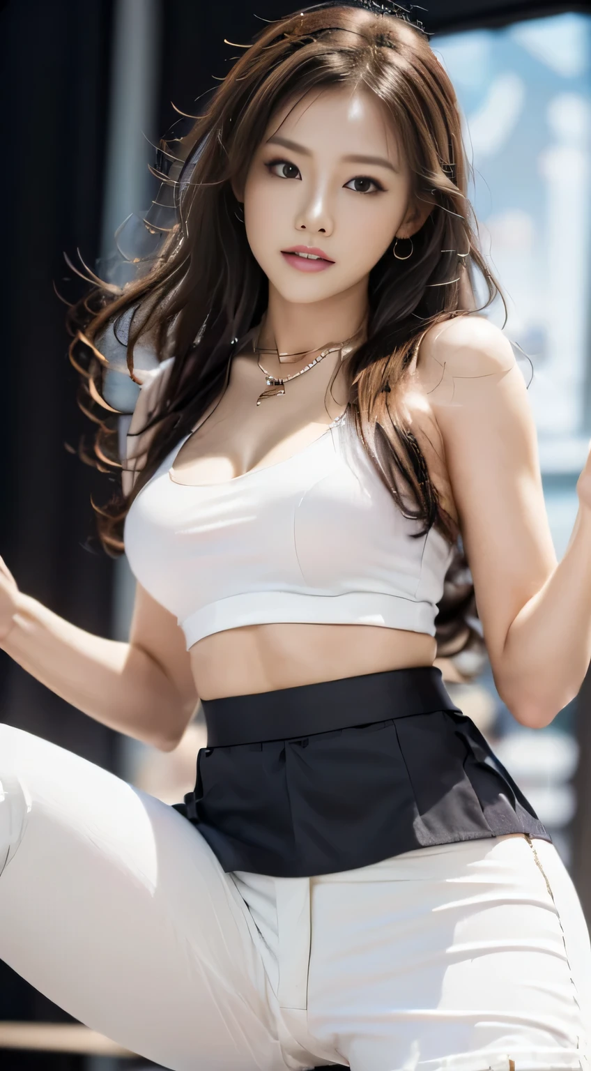 1 female、(super beautiful)、(beautiful face:1.5)、(play the drums:1.3)、(black mini skirt:1.5)、with legs spread、(Please show me your white pants:1.5)、compensate、light brown hair、necklace、on the concert stage、(At SFW:1.3)