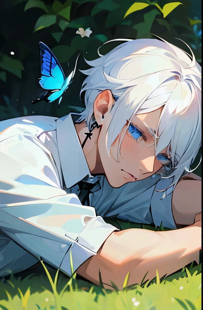 Excellent, masterpiece, white hair, blue eyes, hair, fair skin, man face with sharp angles in the garden park male bust shot lying on his side on the park grass with tears on his face a blue butterfly on his nose, clear despair in his eyes, white shirt, he is leaning onto his arm, he has black cross earrings
