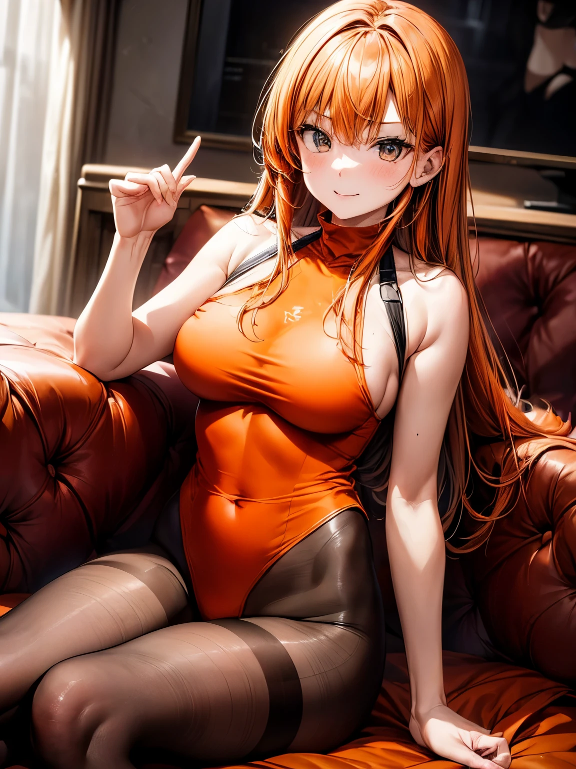 highest quality、nice sexy body、one woman、solo、((orange hair woman:1.3))、straight hair woman、long hair woman、(A woman wearing an orange high neck leotard:1.5)、woman wearing black pantyhose、big smile、Love hotel room、Woman sitting on sofa