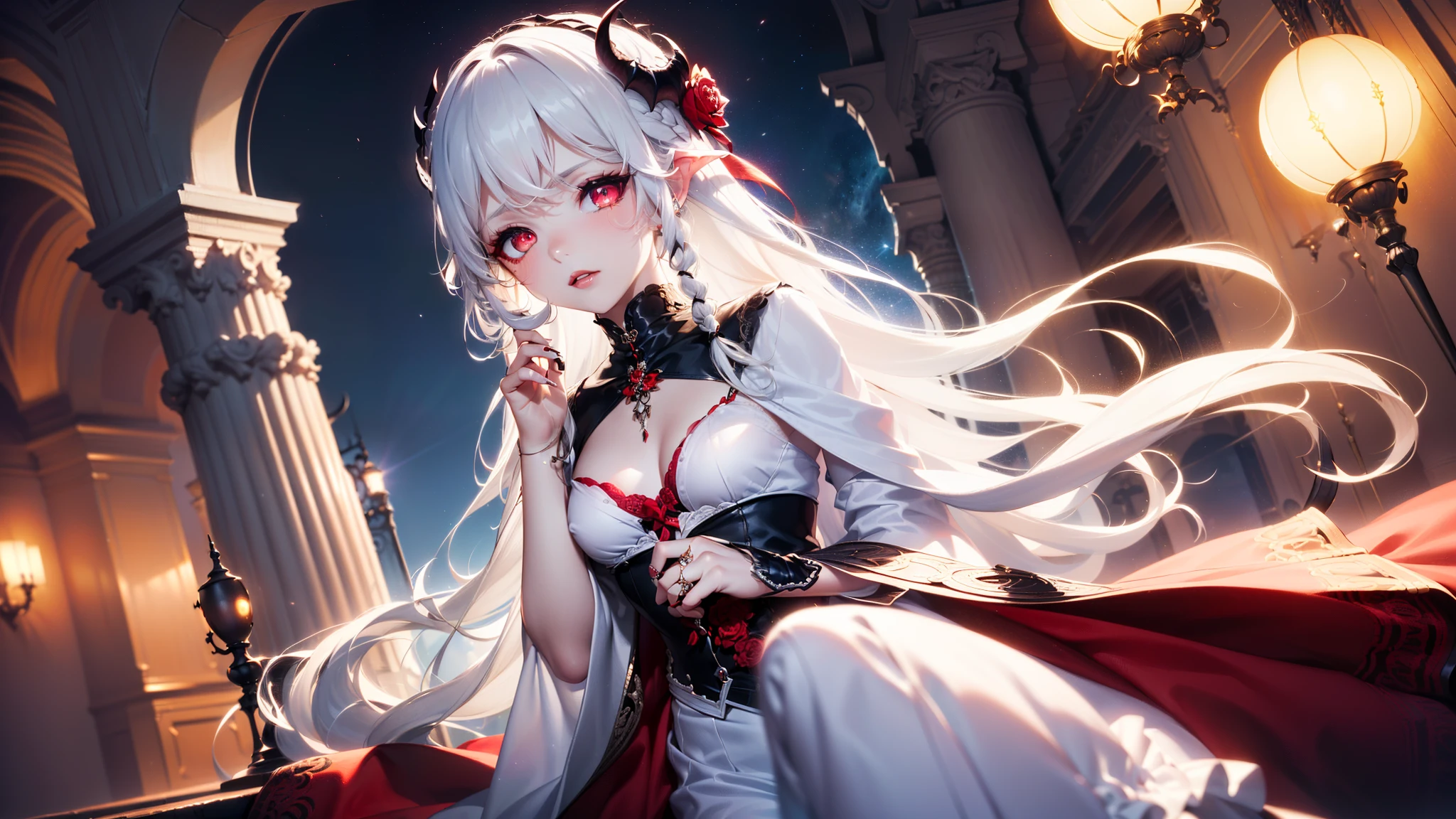4K quality:1.2,1girl,sense of deps,disorganized,catch light,Super beautiful illustration,succubus,((white color,long hairstyles:1.3)),dark dark eyeshadow,(((4k,super beautiful,In detail,red eyes))),bright red lipstick,gothic lolita,beautiful and delicate hair,full moon night, small breasts, ((covered chest))