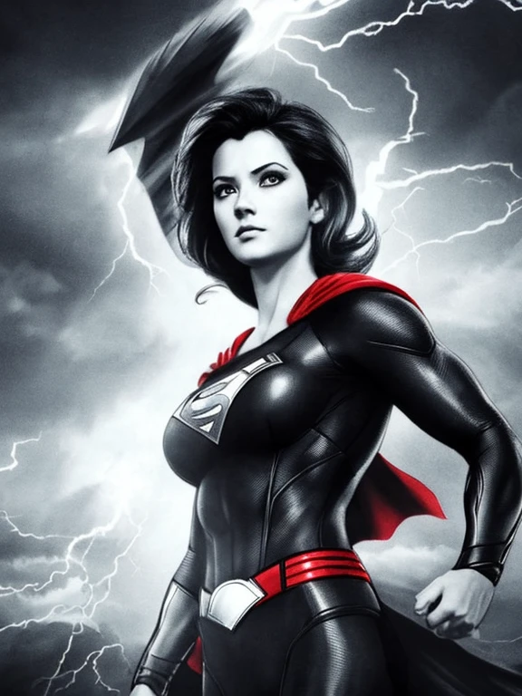 Charcoal pencil drawing, realistic drawing, black and white drawing, 4K, Best quality, lady girl in superman costume flying in the sky, short black hair, red cape, bright blue eyes, arms up, storm, dark clouds, lightning , night, lightning, rain, particles