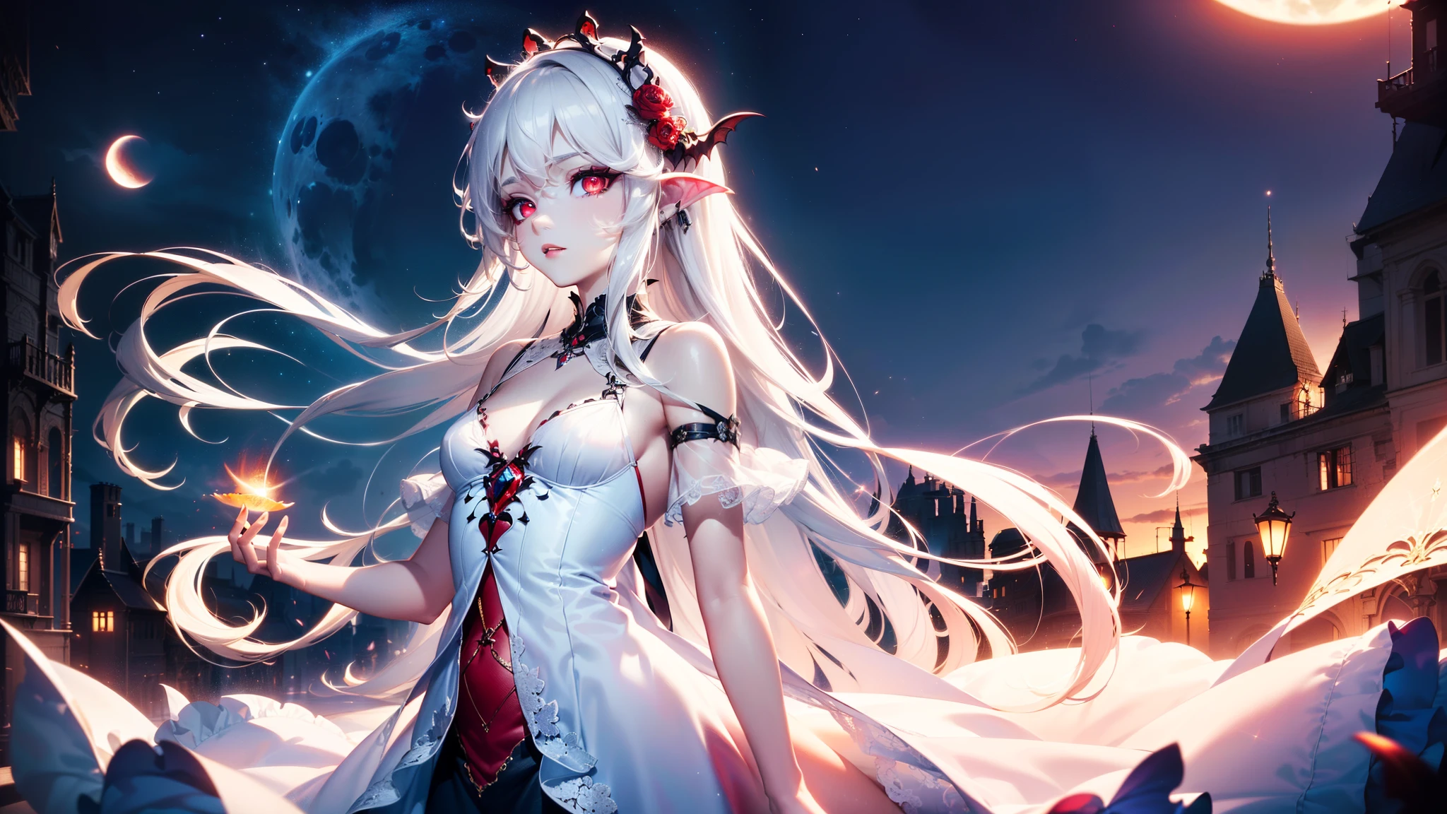 4K quality:1.2,1girl,sense of deps,disorganized,catch light,Super beautiful illustration,succubus,((white color,long hairstyles:1.3)),dark dark eyeshadow,(((4k,super beautiful,In detail,red eyes))),bright red lipstick,gothic lolita,beautiful and delicate hair,full moon night, small breasts, ((covered chest))