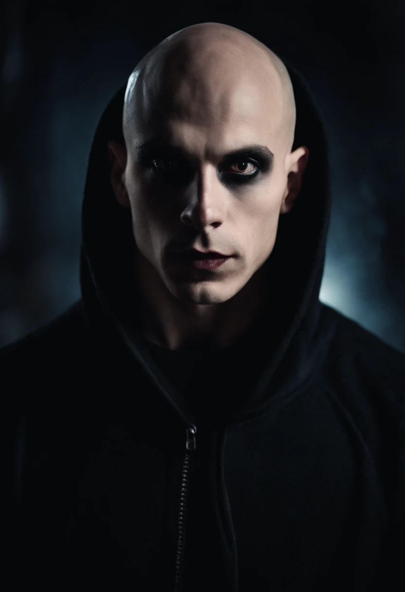 Portrait of a very ugly, scary-looking bald young vampire wearing a black goth hoodie at night. He has very strong black circles around his eyes, dilated pupils and very light iris.