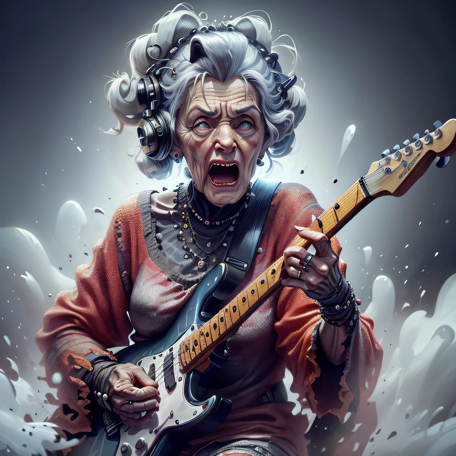arafed old woman with grey hair wearing hair roller, playing a guitar, rocking out, old lady, the rock and roll emperor, guitarist, 3d render senior artist, album art, heavy blues rock, by Darek Zabrocki, musician, old woman, photo manipulation, rock n roll, by Joze Ciuha, rock music