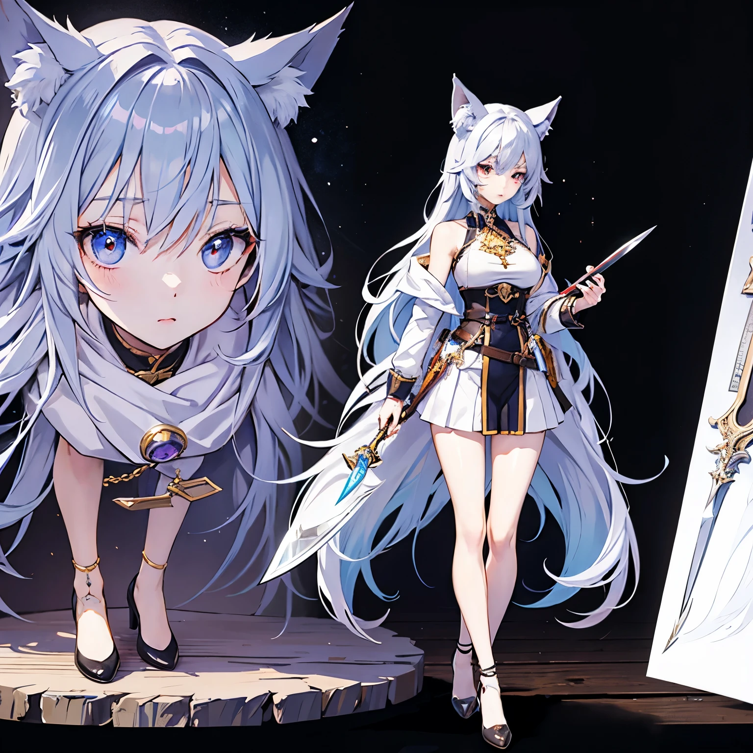 anime girl with perfect anatomy, extra detail, best quality, expressive face, perfect face, masterpiece, long hair, wolf ears, fantasy clothing, full body, holding a knife