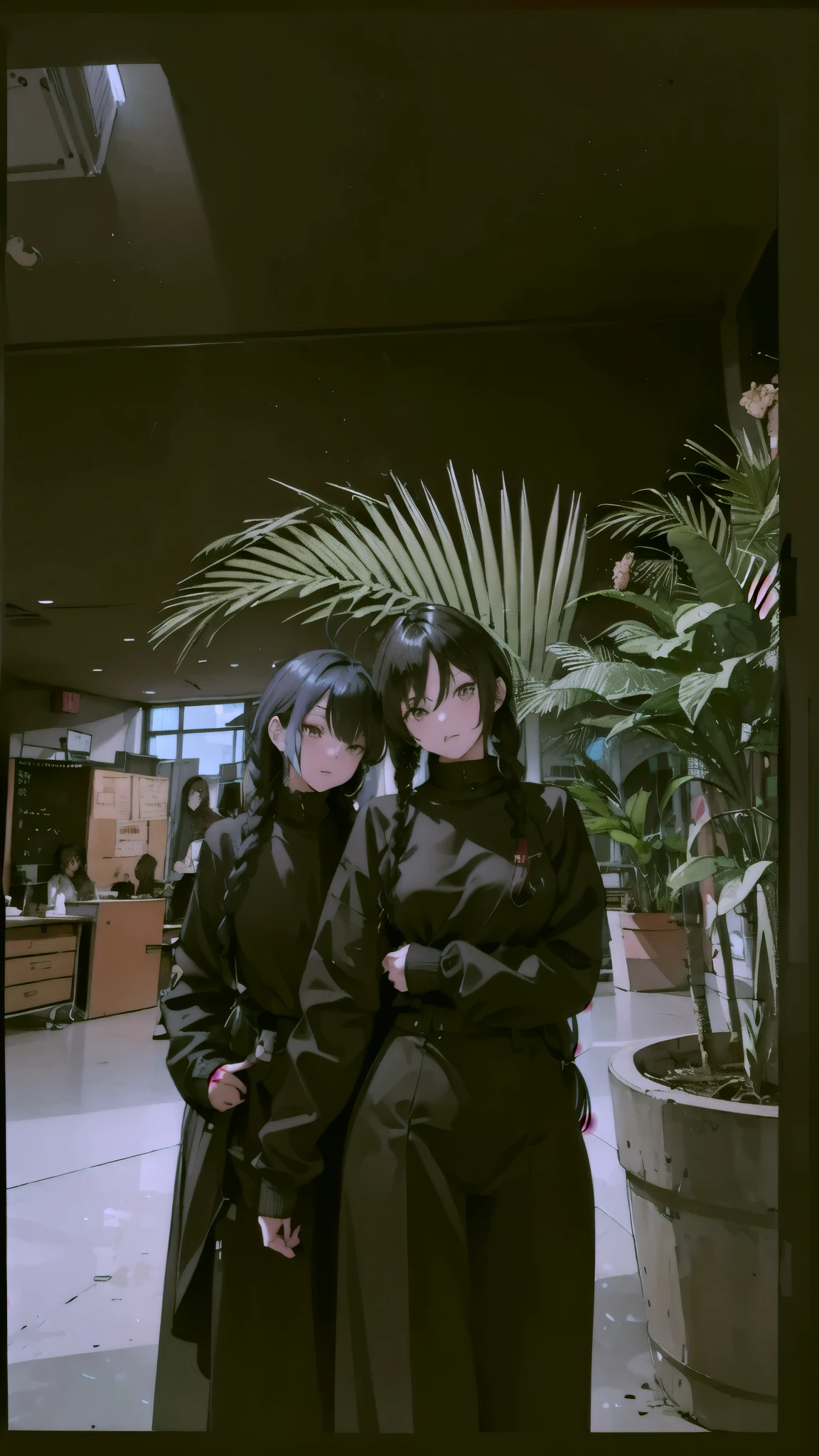 (best quality:1.2), 1girl, (fisheye, on side, confused, gradient hair, long hair, spiked hair, quad braids, large_, classroom),