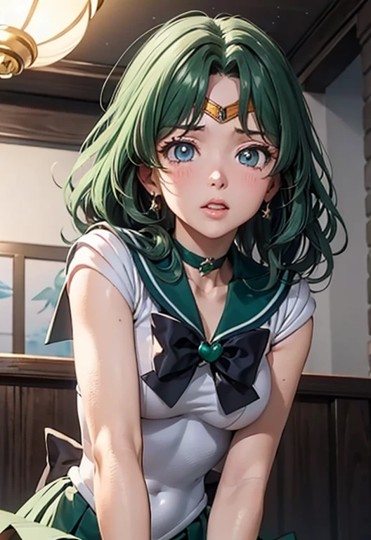 （masterpiece）、(highest quality)、((Super detailed))、(super delicate)、cowboy shot、1 girl、（sailor neptune, mature woman, small breasts, aqua eyes, dark green hair, medium hair）、（sailor moon outfit:1.3）、big breasts、valley、I&#39;m sweating、(from below:2), (face close-up:1.3),Hot spring at night、fantastic starry sky