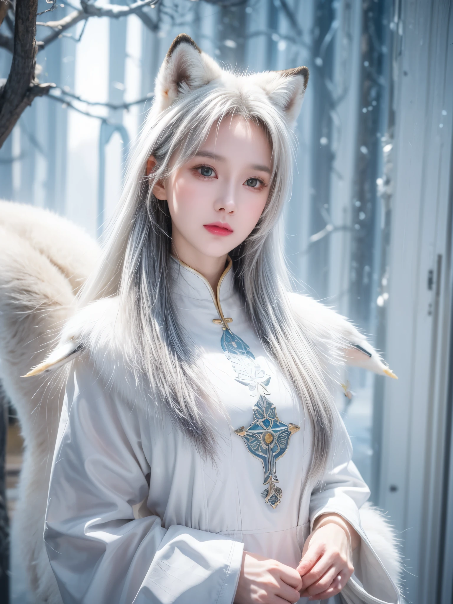 (((Solo exhibition)), white and gold clothes, many decorative garments, (whole body) Take detailed photos of the most beautiful artworks, intricate details, high detail, Ultra actual, hidden armor, petite, 写实的Anthropomorphic art, (Anthropomorphic art!!!, (((Female human arctic fox priest)), forest, Very, Very beautiful human art, actual, 8K, No one's hair, No duplication, There are no duplicate tails, no clone, No big heads