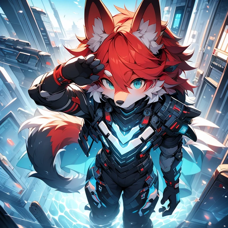 youth,Shota,red hair ,male, Masterpiece, high resolution,8K,Detailed background,high quality, boys,looking at the audience,perspective,View from the front,male焦点,Wolf's facial features.. Turquoise Mecha.Light surrounds,in the style of futuristic,