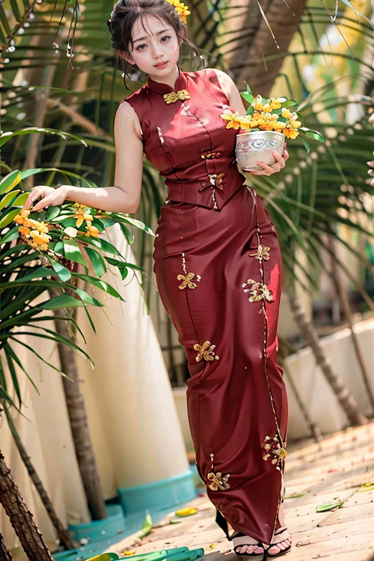 Burma's long-lasting body is full of sensuality, and the beauty of the body outline is too revealing. The long skirt she wears highlights her high hips. The beauty under the dress is so beautiful that the eye can see. She wears bright yellow flowers, smiles and water.