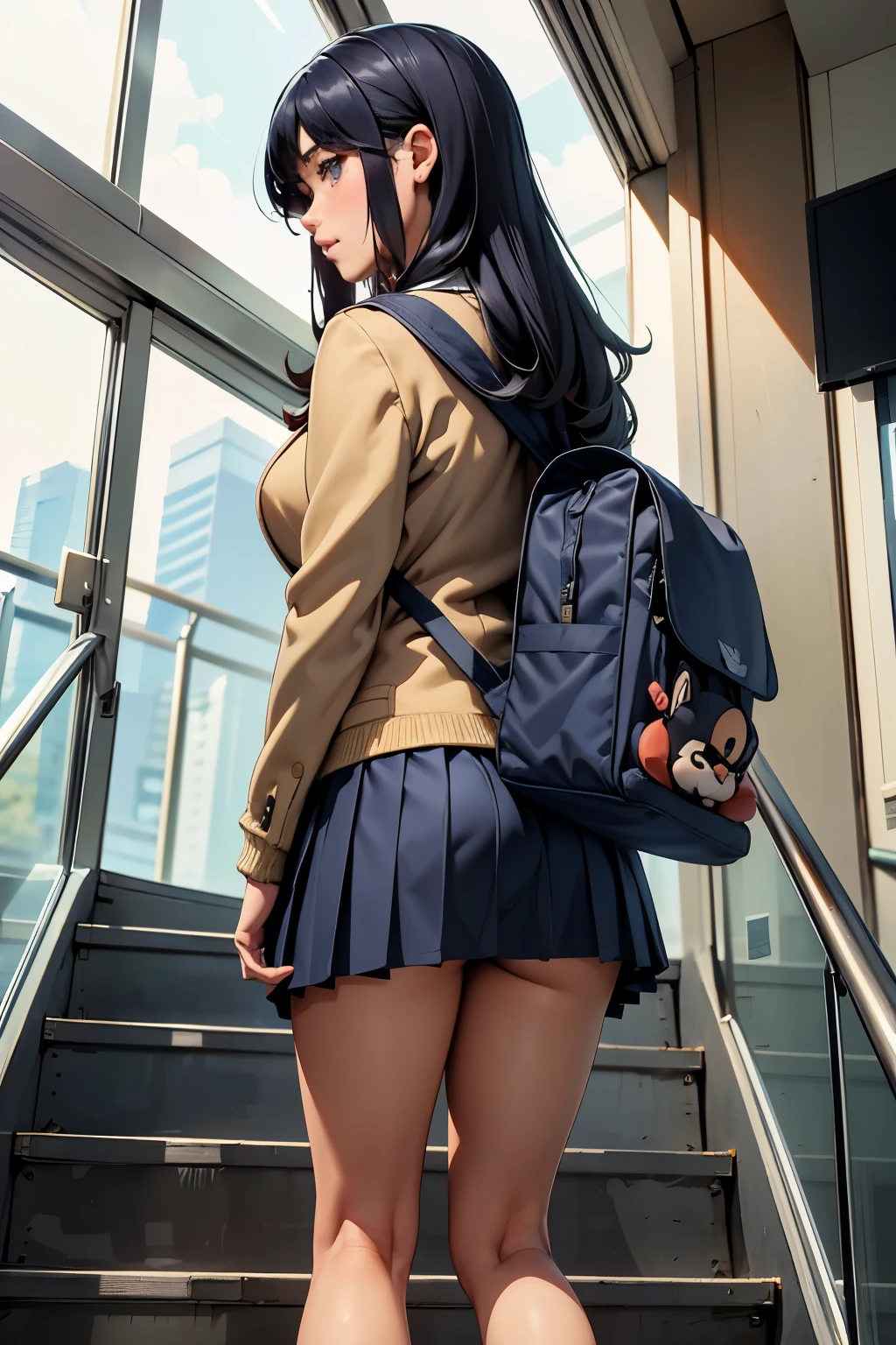 ((highest quality)), ((masterpiece)), (be familiar with), High school girl riding an escalator on her way home from club activities、(shortcut)、glaring at、navy blazer、Navy Skirt、(navy blue socks)、(Adidas backpacks)、(The backpack comes with a stuffed toy of a Disney character)、back view、covert photography、((View from directly below))、navy blue socksのクローズアップ、Manga panel layout、cartoon style、Manga Design、Station escalator、Align Left、顔のみのコマとback viewのコマ