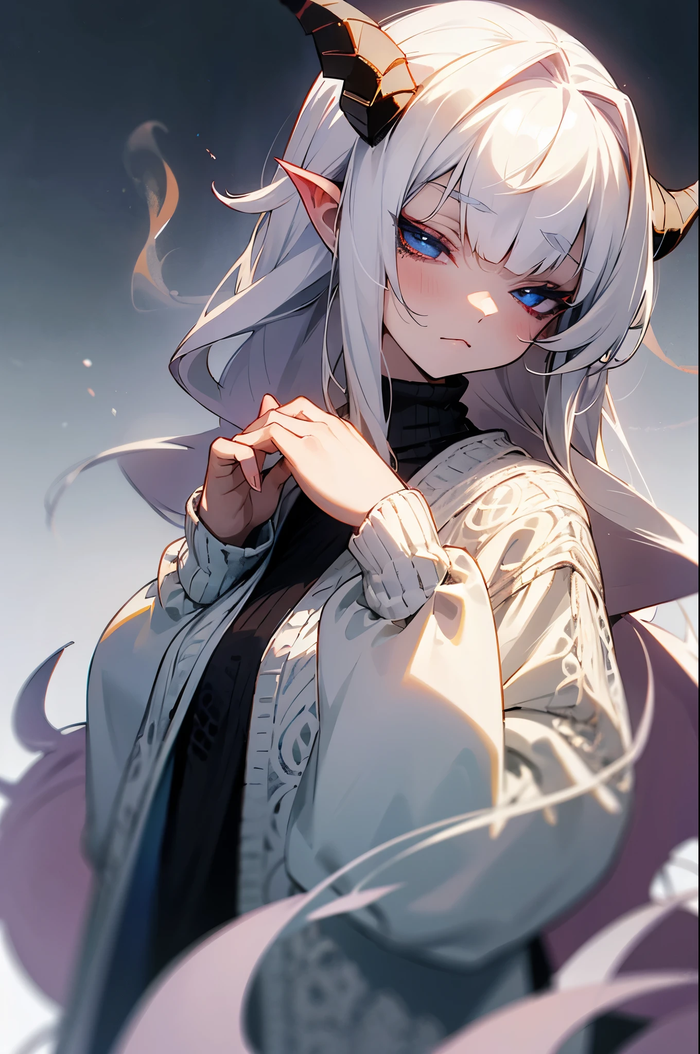 albino demon girl with lethargic sleepy smokey eyes her hands under her chin, white curls, wearing a sweater, (long intricate horns:1.2), anime
