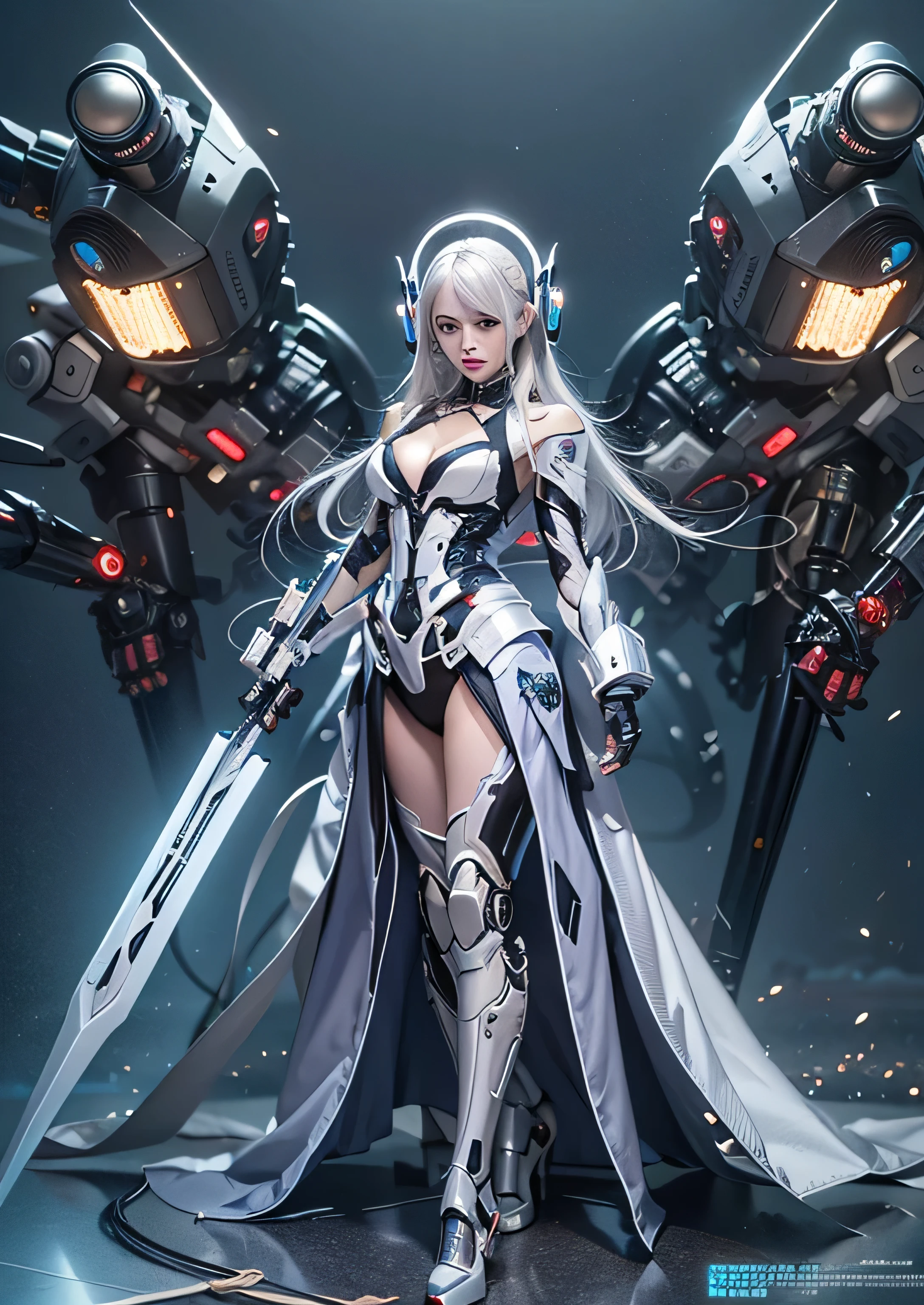 highest quality、master piece、超A high resolution、(Photoreal:1.4)、Raw photo、Combat Robot Angel、Large metal wings、white porcelain body、Acrylic transparent cover、white hair、glowing skin、1 cyborg girl、((Ultra realistic details))、porate、global illumination、Black Shadow、octane rendering、8K、super sharp、character edge light,Huge 、Raw skin exposed in cleavage、intricate decorative details、Gothic Lolita details、hydraulic cylinder、Small LED Light、very intricate details、realistic light、purple eyes、shining eyes、towards the camera、neon light details、cowboy shot、futuristic headgear、About the Floor Plan《cyberpunk characters》、、