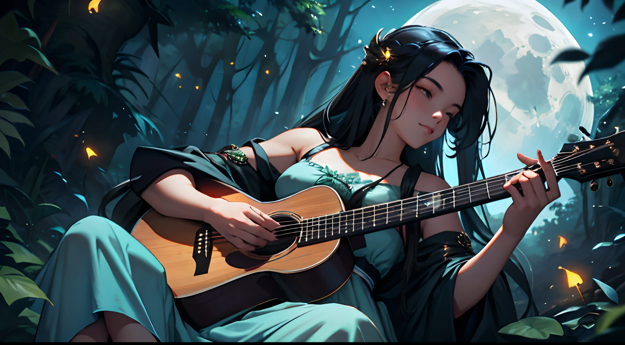 As the moon rises, extravagant girl, Long hair leaning against a mossy rock, She plays the guitar and plays a symphony with sparkling fireflies surrounding her..