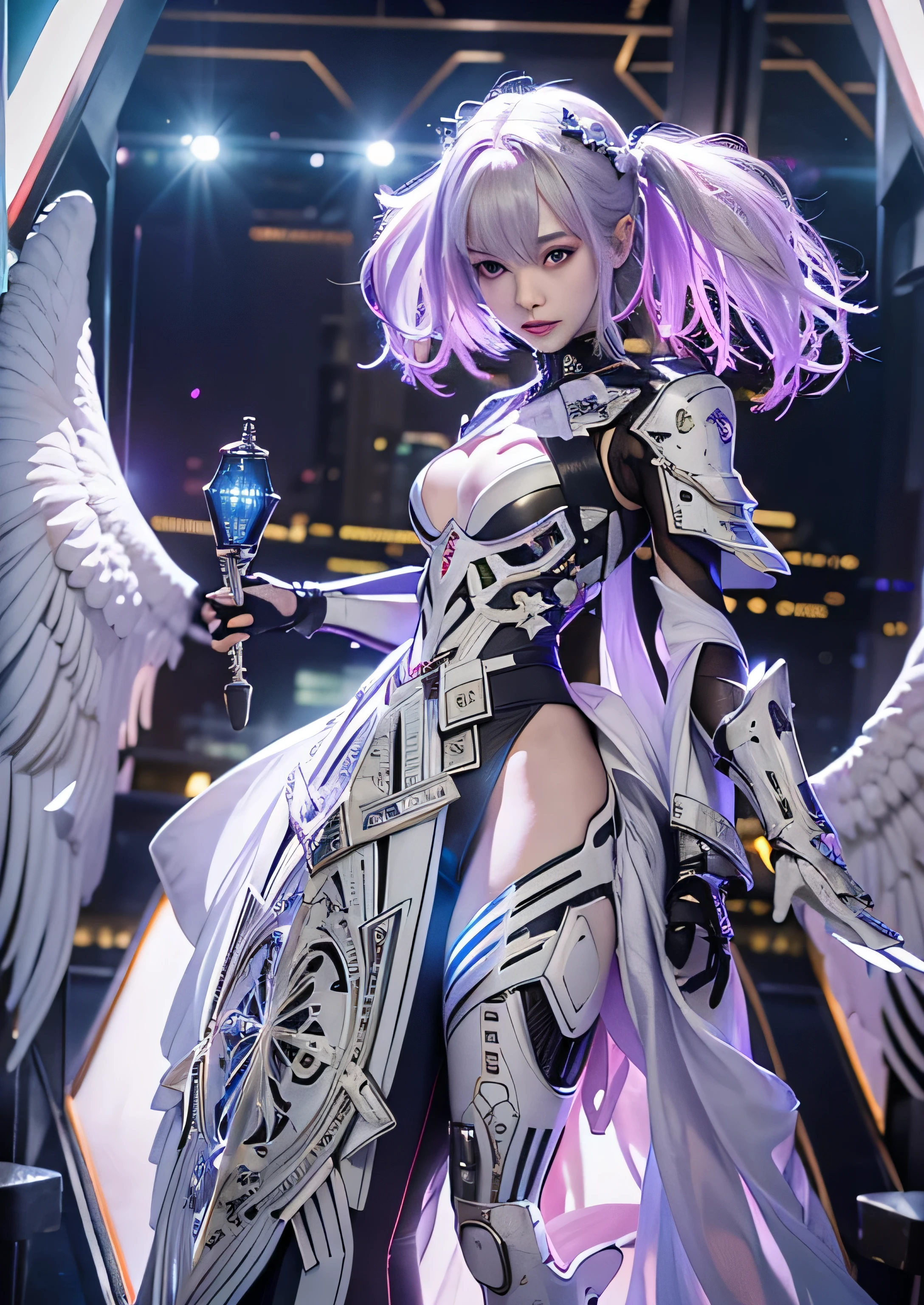 highest quality、master piece、超A high resolution、(Photoreal:1.4)、Raw photo、Combat Robot Angel、Large metal wings、white porcelain body、Acrylic transparent cover、white hair、glowing skin、1 cyborg girl、((Ultra realistic details))、porate、global illumination、Black Shadow、octane rendering、8K、super sharp、character edge light,Huge 、Raw skin exposed in cleavage、intricate decorative details、Gothic ta details、hydraulic cylinder、Small LED Light、very intricate details、realistic light、purple eyes、shining eyes、towards the camera、neon light details、cowboy shot、futuristic headgear、About the Floor Plan《cyberpunk characters》、、