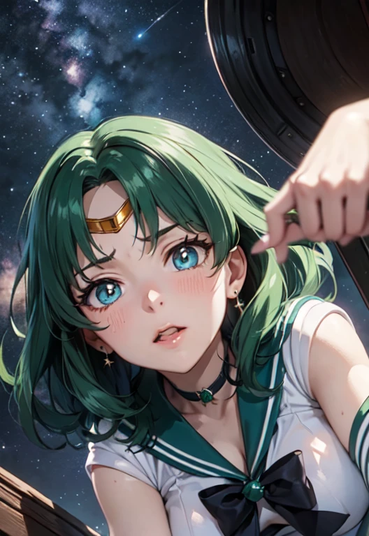 (masterpiece)、(highest quality)、((Super detailed))、(super delicate)、cowboy shot、1 girl、(place both hands crotch:1.2)(sailor neptune, mature woman, small breasts, aqua eyes, dark green hair, medium hair)、(sailor moon outfit)、big breasts、I'm sweating、(from below:2), (face close-up:1.3),Hot spring at night、fantastic starry sky