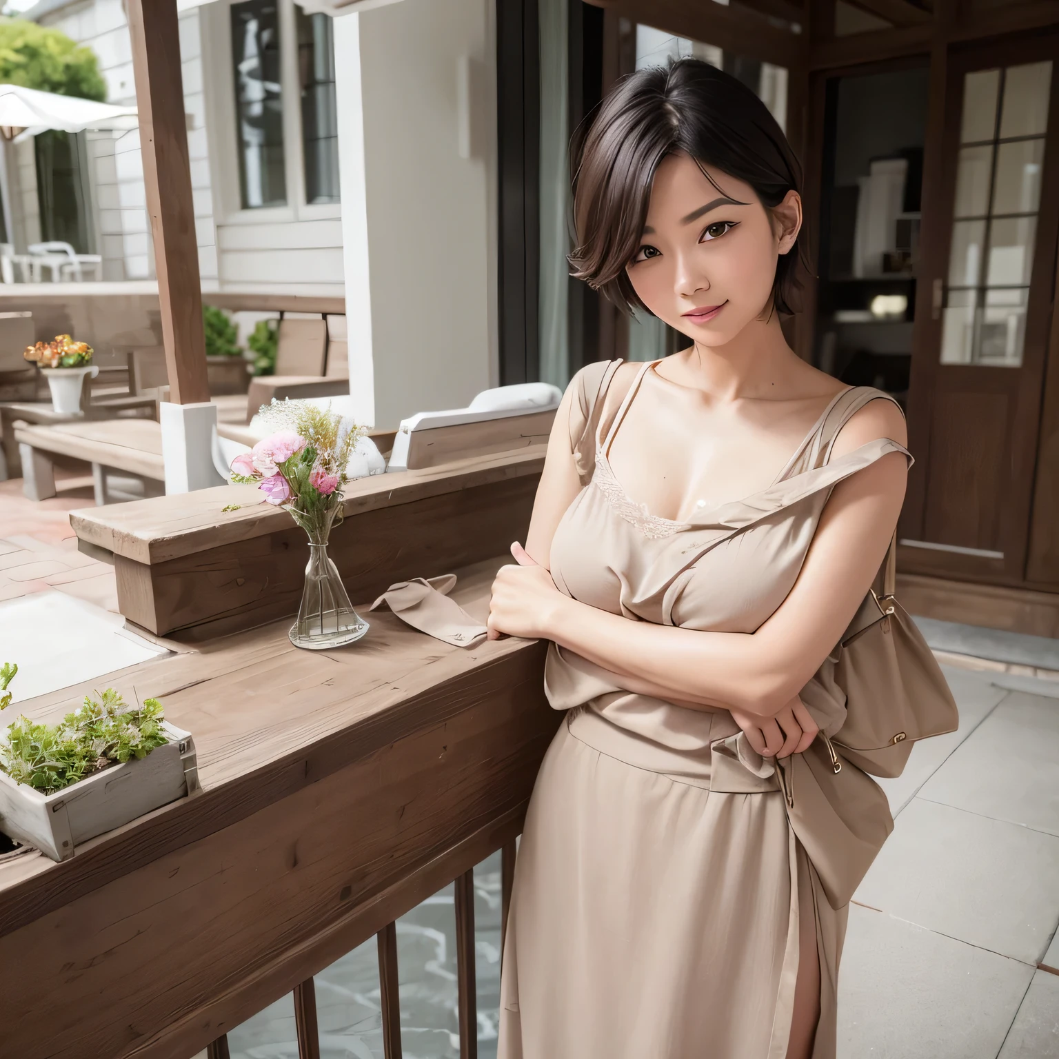 mature woman、Short hair, brown、Natural makeup、The eyes are double-lidded and have wrinkles at the corners of the eyes.、Cute face、Mature woman's unique body line、The stylish terrace in the background、stand alone、gentle smile、mature womanらしいファッション