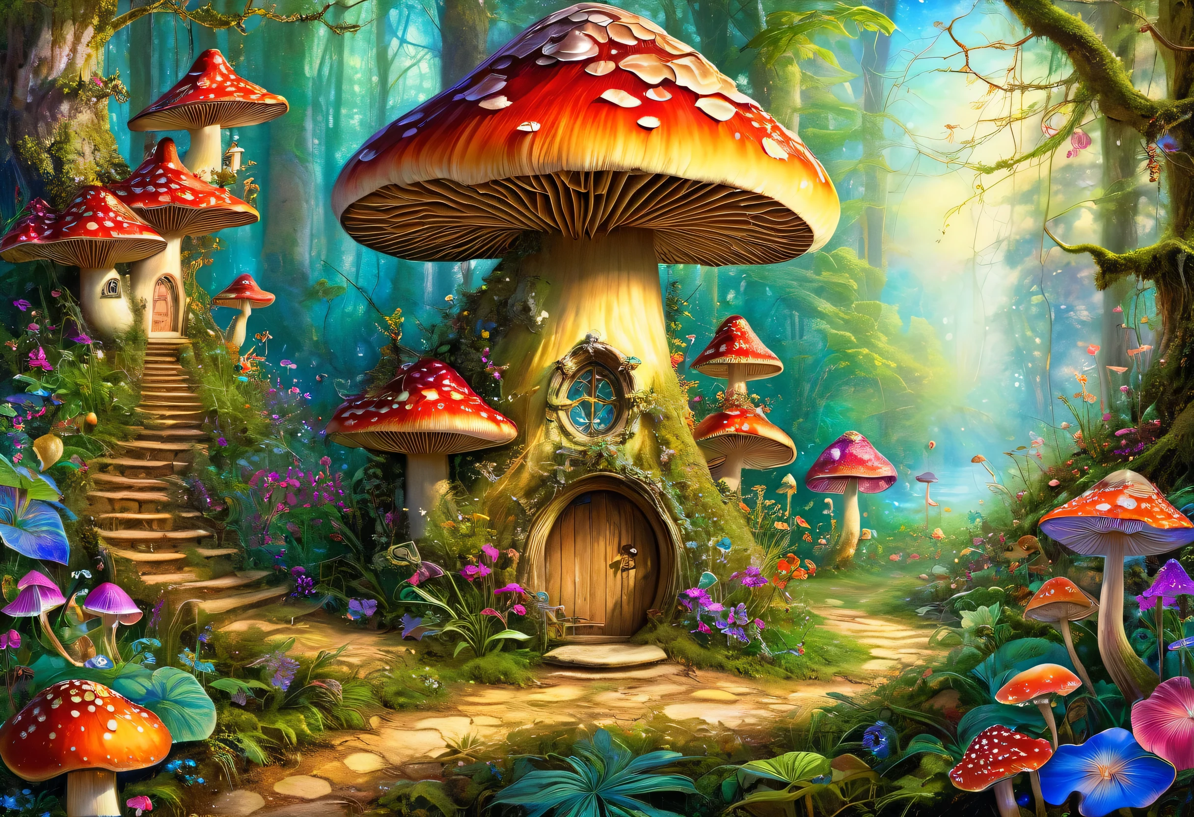 a painting of a fairy forest with mushrooms and fairy houses, Detailed painting inspired by Josephine Wall, CG social trends, fantasy art, magic fairy forest, enchanted magical fantasy forest, magical fantasy forest, Magic fairy background, fairyland forest, fairy forest, A pleasant and enchanting scene, lush fairy forest, so magical and dreamy, Magical forest background, Fairey Palace