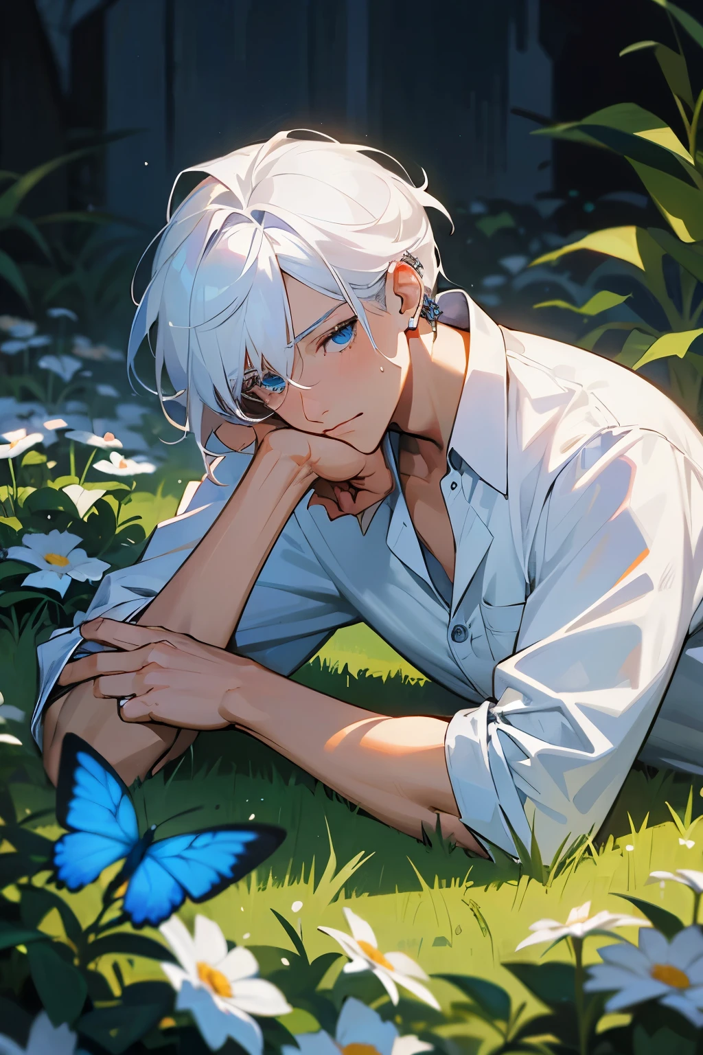 Excellent, masterpiece, white hair, blue eyes, hair, fair skin, man face with sharp angles in the garden park male bust shot lying on his side on the park grass with tears on his face a blue butterfly on his nose, clear despair in his eyes, white shirt, he is leaning onto his arm, he has black cross earrings